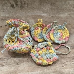 Handmade Cotton Crochet Bath Set - Drawstring Bag + Face pads + Soap pouch